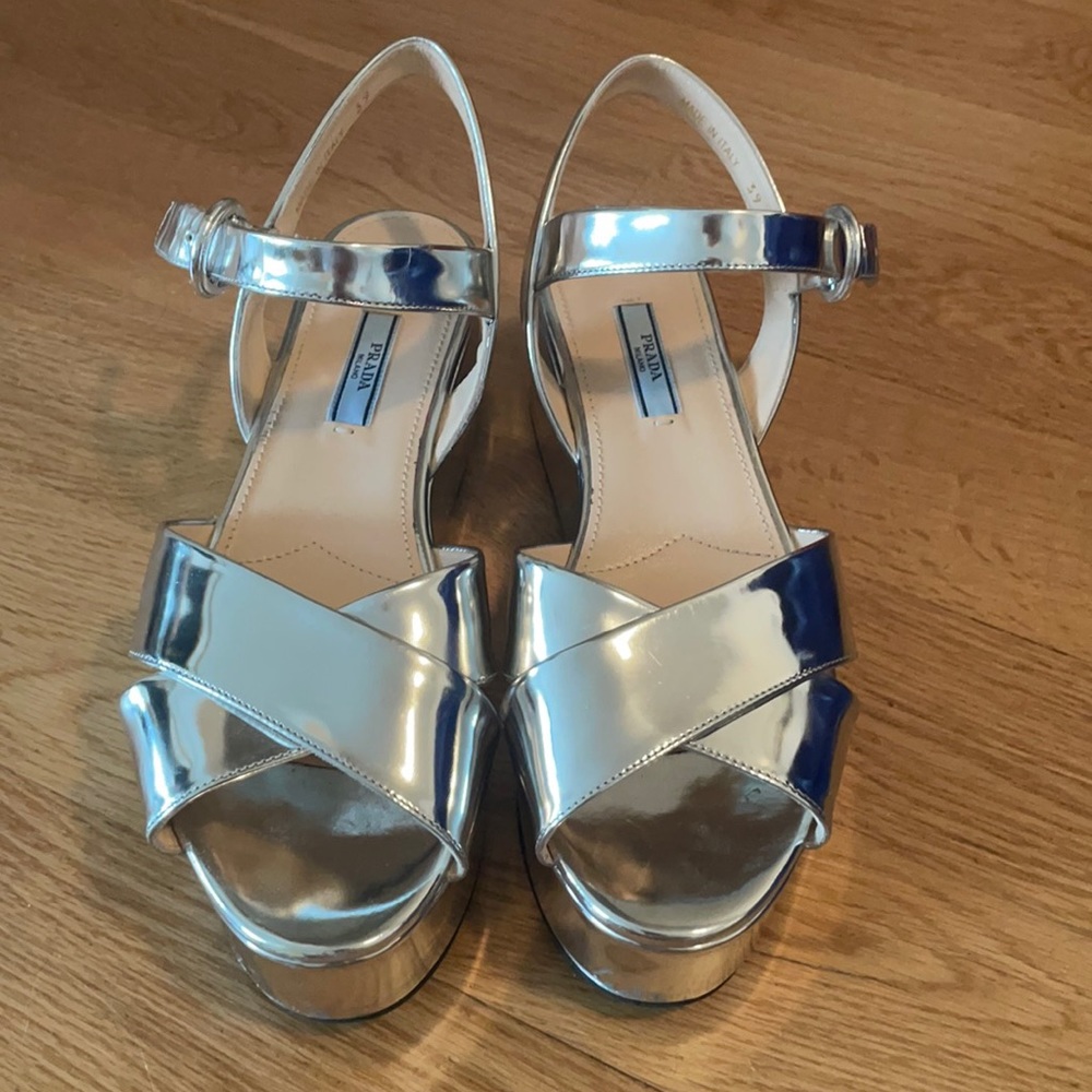 PRADA Silver Metallic Platform Wedges